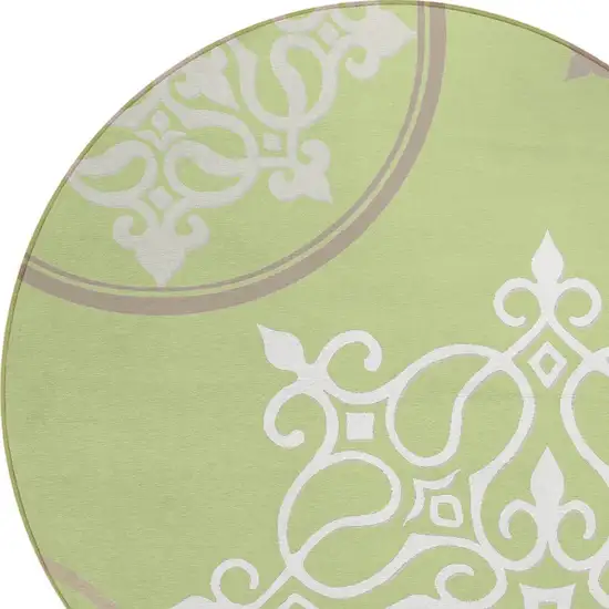 8' Artichoke Green Brown And Ivory Round Floral Medallion Washable Indoor Outdoor Area Rug Photo 4