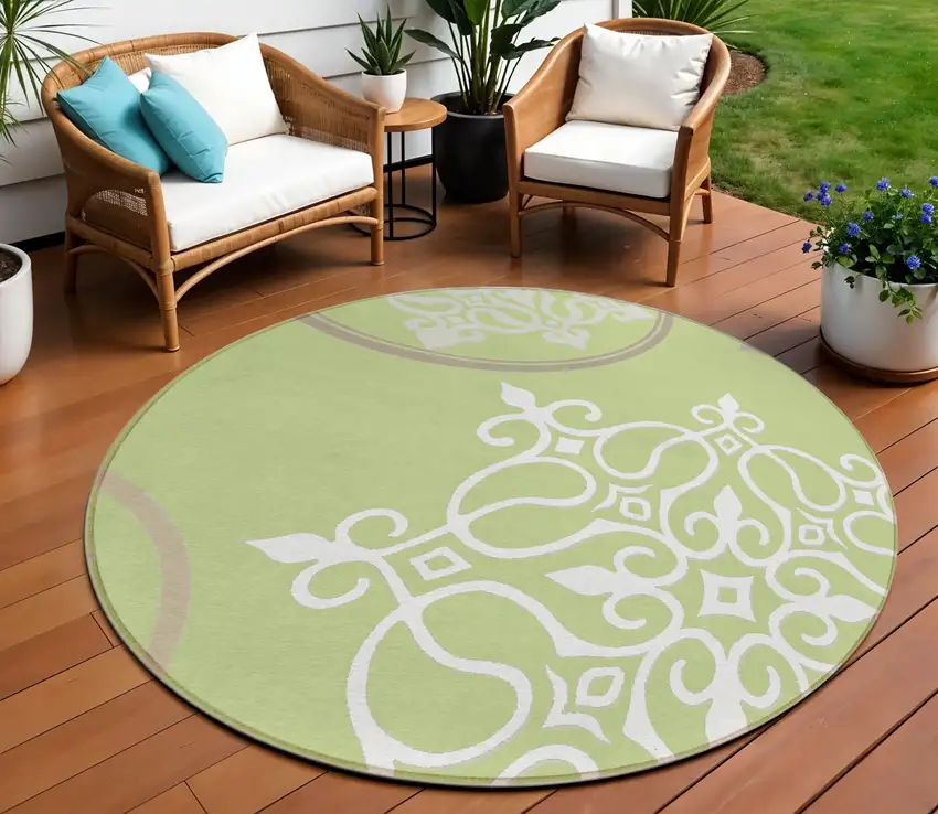 8' Artichoke Green Brown And Ivory Round Floral Medallion Washable Indoor Outdoor Area Rug Photo 1