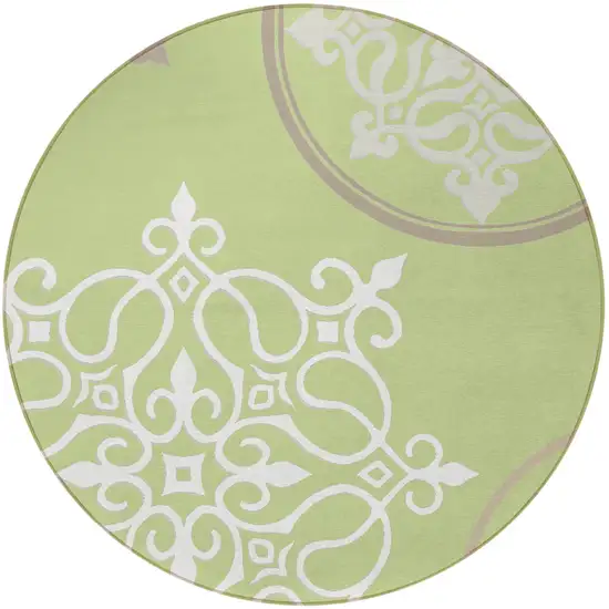 8' Artichoke Green Brown And Ivory Round Floral Medallion Washable Indoor Outdoor Area Rug Photo 5