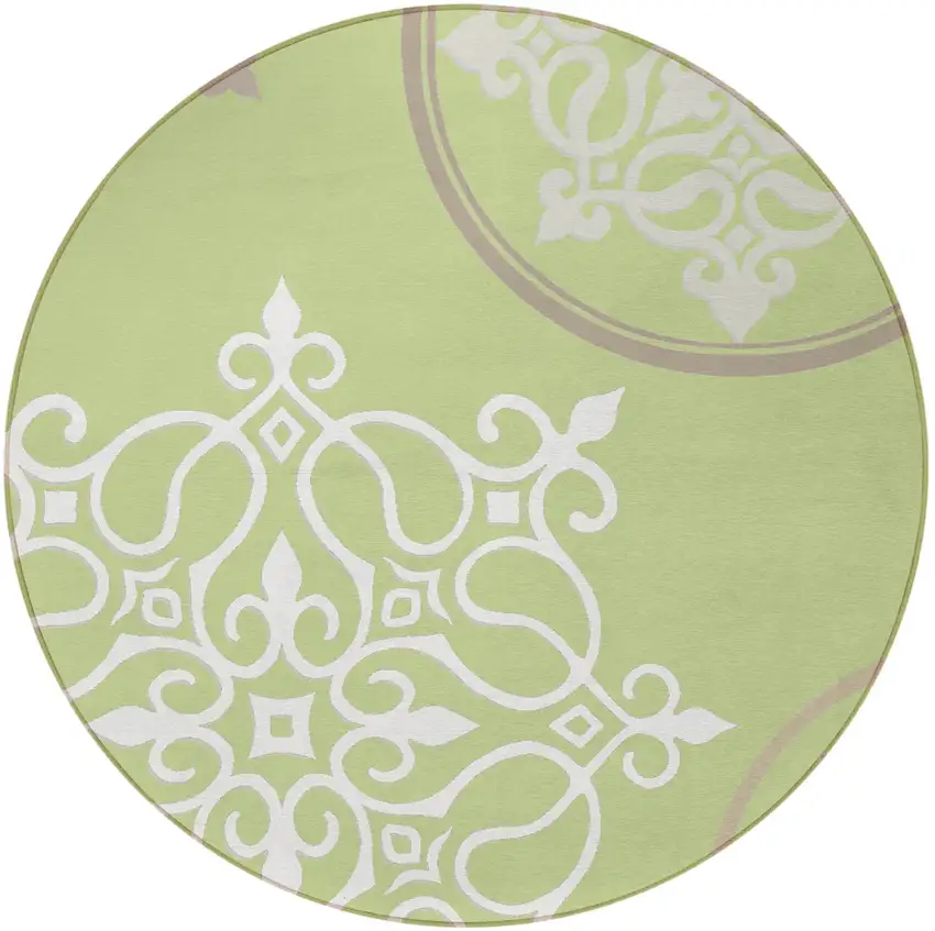8' Artichoke Green Brown And Ivory Round Floral Medallion Washable Indoor Outdoor Area Rug Photo 5