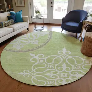 Photo of 8' Artichoke Green Brown And Ivory Round Floral Medallion Washable Indoor Outdoor Area Rug