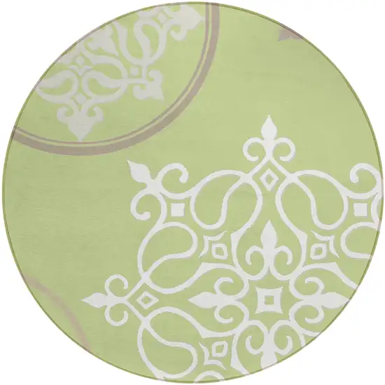 8' Artichoke Green Brown And Ivory Round Floral Medallion Washable Indoor Outdoor Area Rug Photo 2