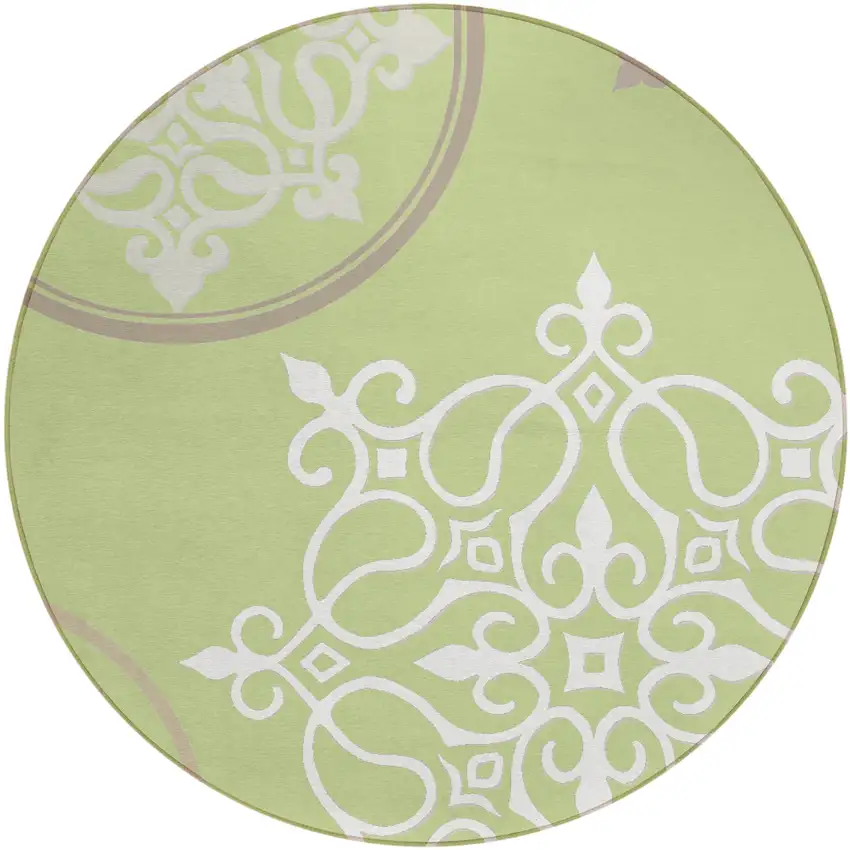 8' Artichoke Green Brown And Ivory Round Floral Medallion Washable Indoor Outdoor Area Rug Photo 2