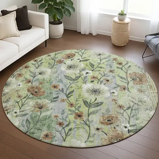 8' Artichoke Green Brown And Ivory Round Floral Washable Indoor Outdoor Area Rug Photo 5