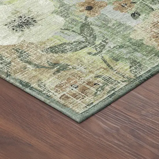 8' Artichoke Green Brown And Ivory Round Floral Washable Indoor Outdoor Area Rug Photo 8