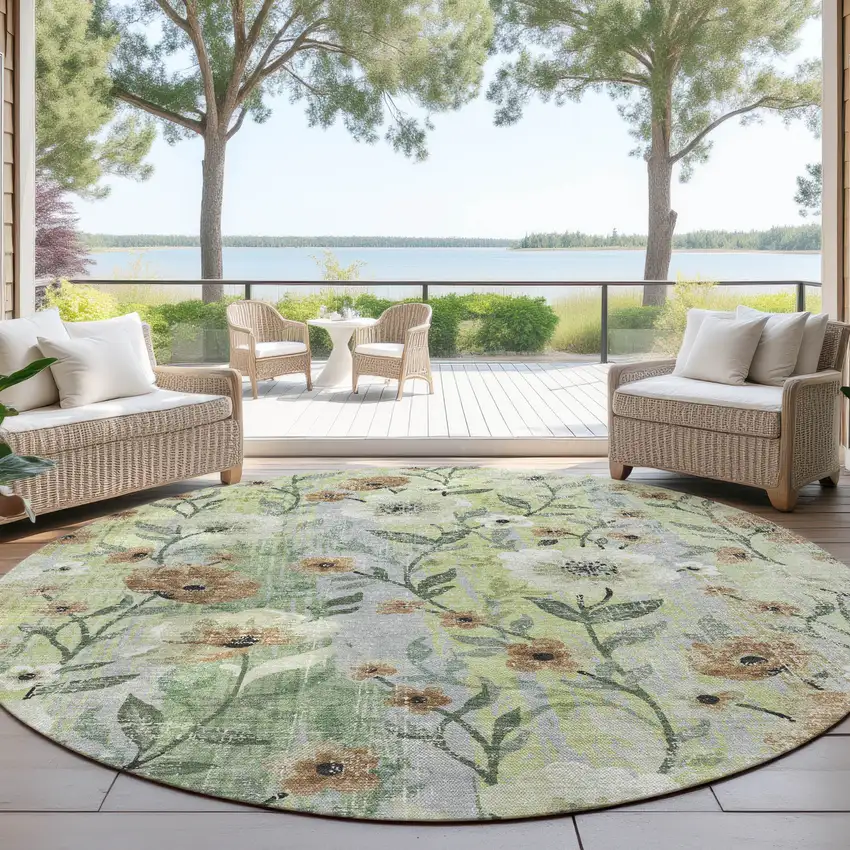 8' Artichoke Green Brown And Ivory Round Floral Washable Indoor Outdoor Area Rug Photo 4