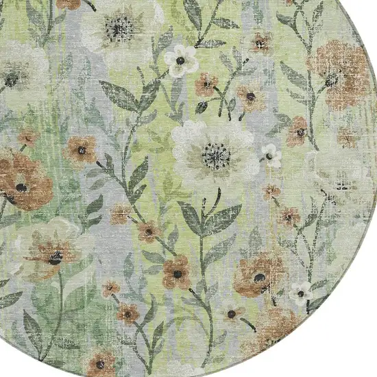 8' Artichoke Green Brown And Ivory Round Floral Washable Indoor Outdoor Area Rug Photo 2