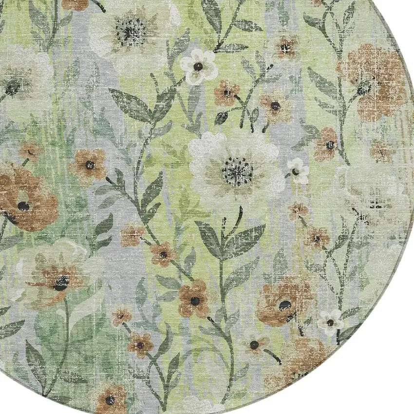 8' Artichoke Green Brown And Ivory Round Floral Washable Indoor Outdoor Area Rug Photo 2