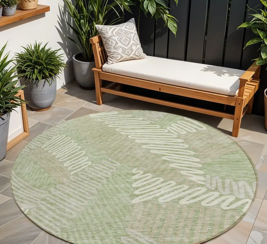 8' Artichoke Green Brown And Ivory Round Floral Washable Indoor Outdoor Area Rug Photo 1