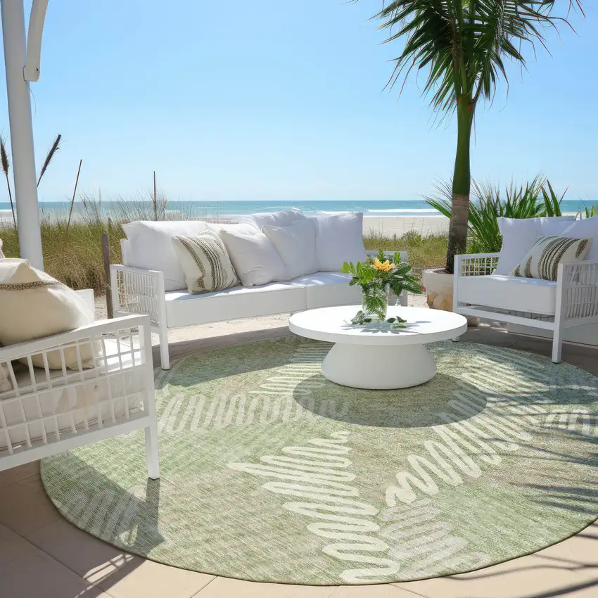 8' Artichoke Green Brown And Ivory Round Floral Washable Indoor Outdoor Area Rug Photo 9