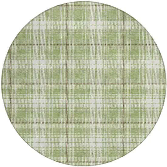 8' Artichoke Green Brown And Ivory Round Plaid Washable Indoor Outdoor Area Rug Photo 2