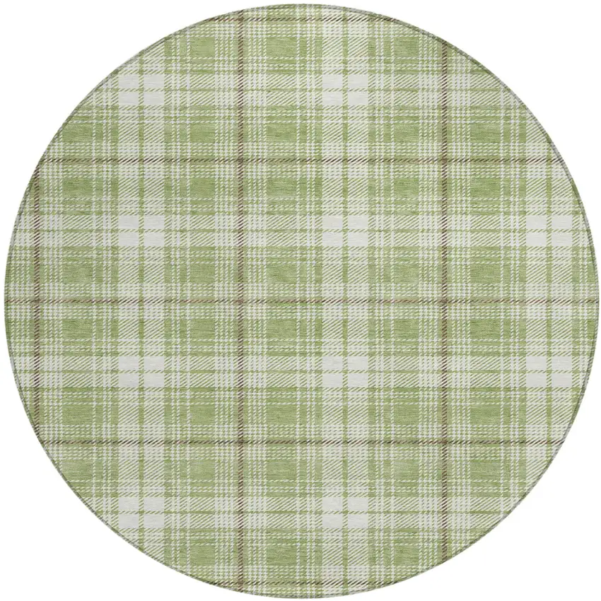 8' Artichoke Green Brown And Ivory Round Plaid Washable Indoor Outdoor Area Rug Photo 2