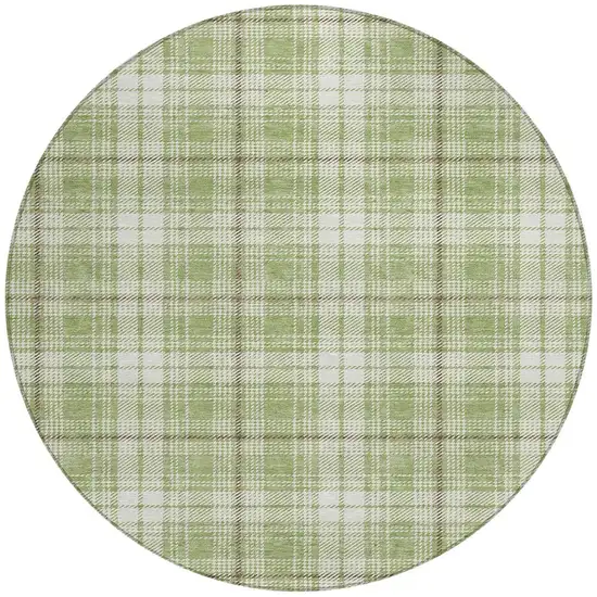 8' Artichoke Green Brown And Ivory Round Plaid Washable Indoor Outdoor Area Rug Photo 4