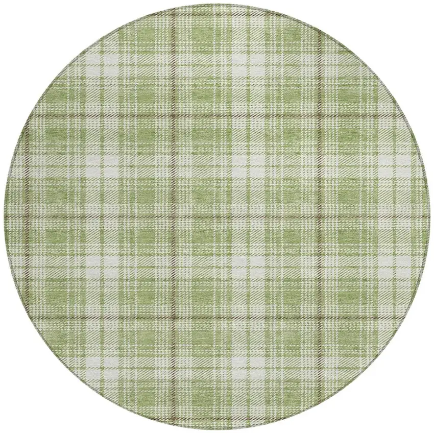 8' Artichoke Green Brown And Ivory Round Plaid Washable Indoor Outdoor Area Rug Photo 4