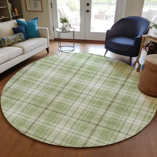 8' Artichoke Green Brown And Ivory Round Plaid Washable Indoor Outdoor Area Rug Photo 7