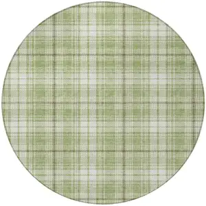Photo of 8' Artichoke Green Brown And Ivory Round Plaid Washable Indoor Outdoor Area Rug