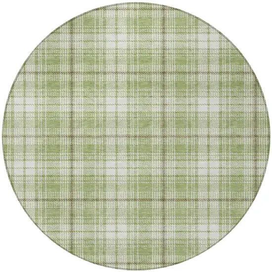 8' Artichoke Green Brown And Ivory Round Plaid Washable Indoor Outdoor Area Rug Photo 5