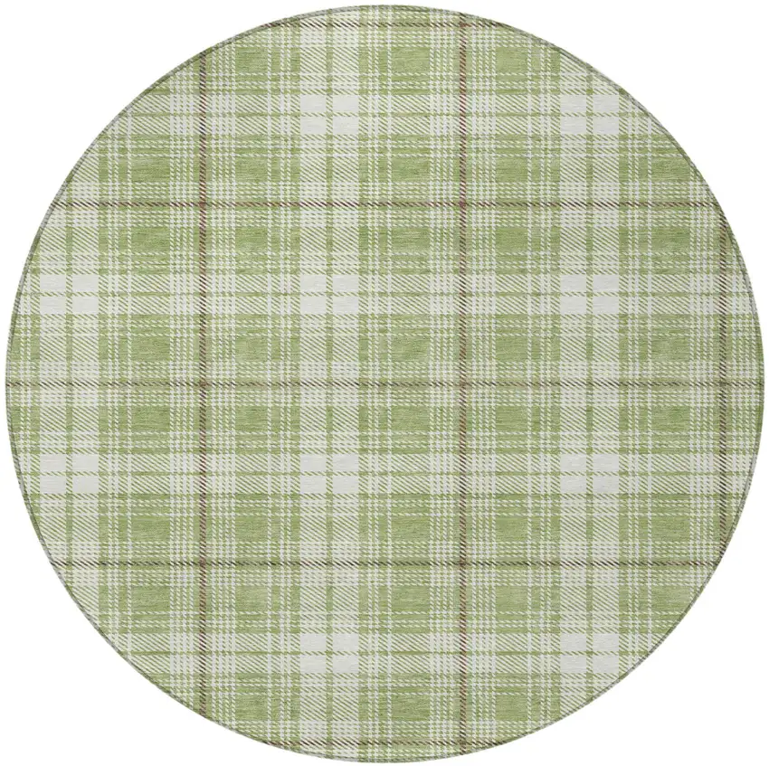 8' Artichoke Green Brown And Ivory Round Plaid Washable Indoor Outdoor Area Rug Photo 5