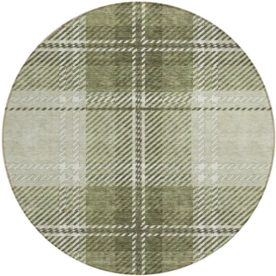 8' Artichoke Green Brown And Ivory Round Plaid Washable Indoor Outdoor Area Rug Photo 2
