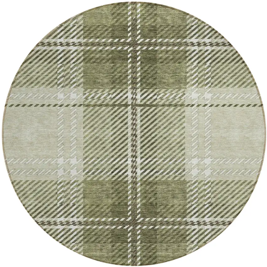 8' Artichoke Green Brown And Ivory Round Plaid Washable Indoor Outdoor Area Rug Photo 2