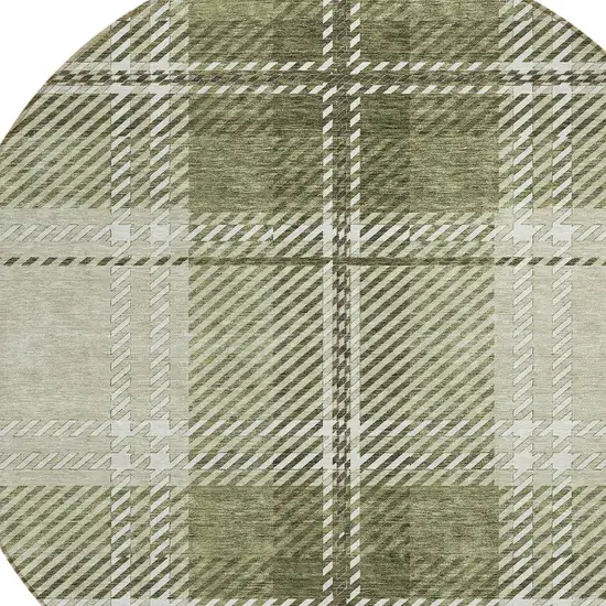 8' Artichoke Green Brown And Ivory Round Plaid Washable Indoor Outdoor Area Rug Photo 5