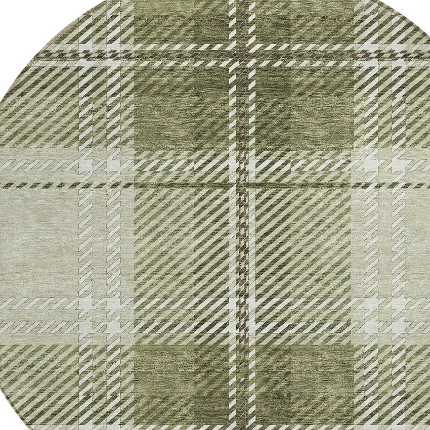 8' Artichoke Green Brown And Ivory Round Plaid Washable Indoor Outdoor Area Rug Photo 5