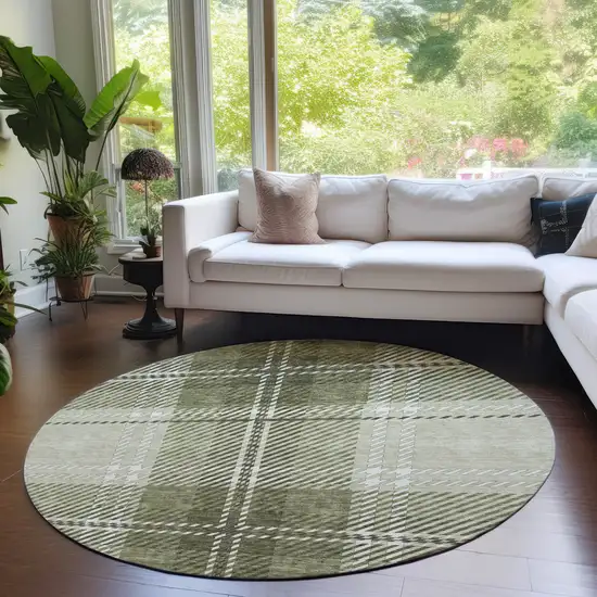 8' Artichoke Green Brown And Ivory Round Plaid Washable Indoor Outdoor Area Rug Photo 8