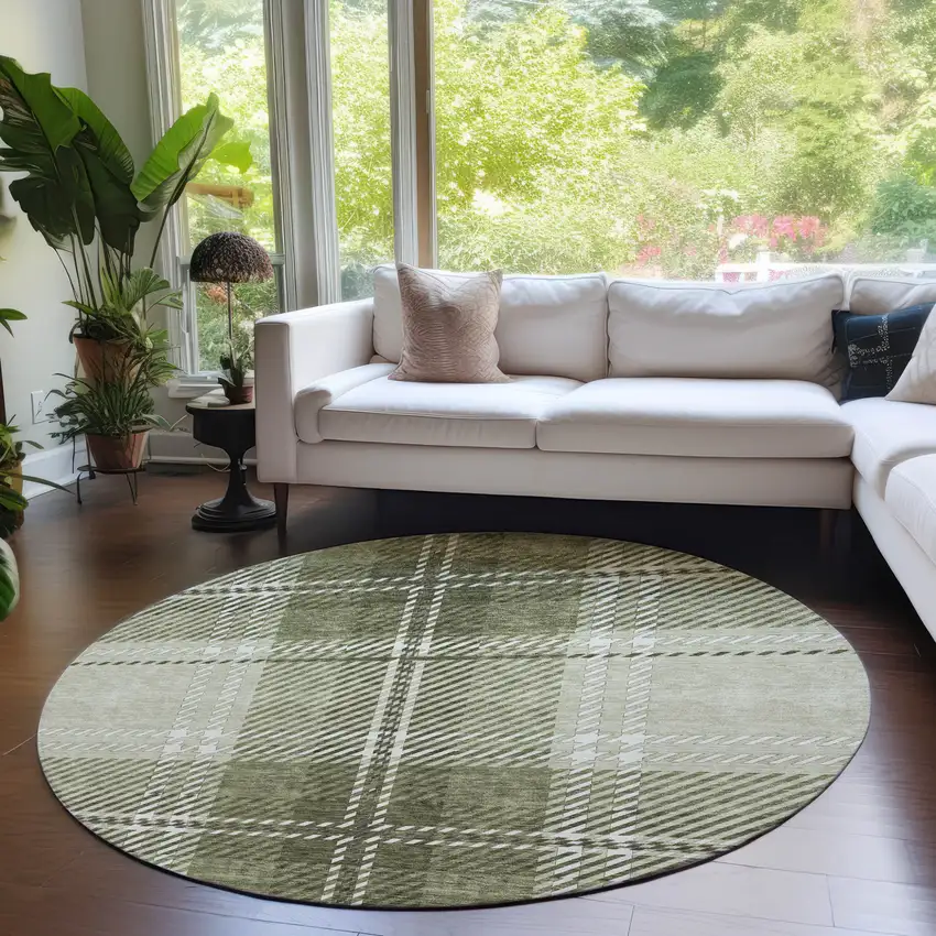 8' Artichoke Green Brown And Ivory Round Plaid Washable Indoor Outdoor Area Rug Photo 8