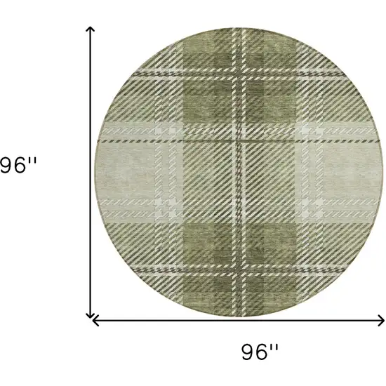 8' Artichoke Green Brown And Ivory Round Plaid Washable Indoor Outdoor Area Rug Photo 3