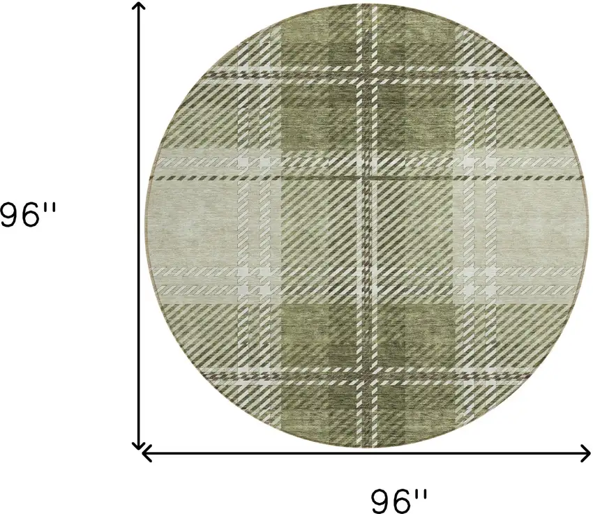 8' Artichoke Green Brown And Ivory Round Plaid Washable Indoor Outdoor Area Rug Photo 3