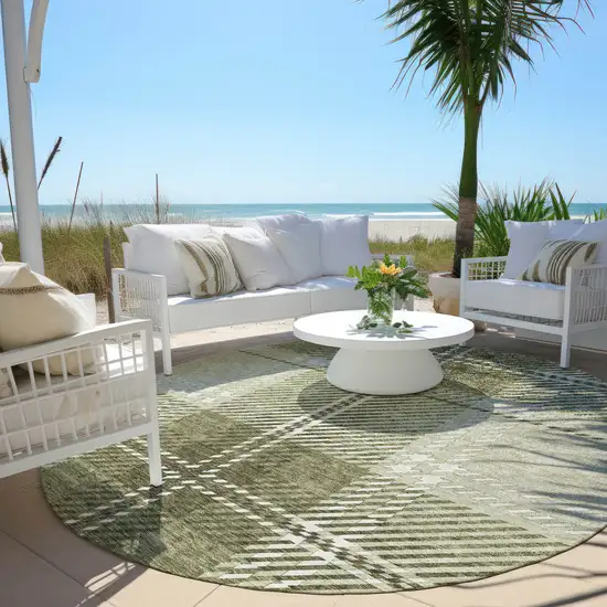 8' Artichoke Green Brown And Ivory Round Plaid Washable Indoor Outdoor Area Rug Photo 7