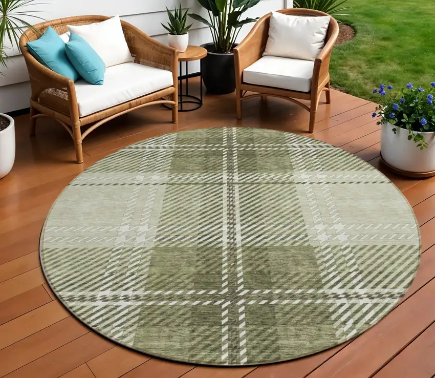 8' Artichoke Green Brown And Ivory Round Plaid Washable Indoor Outdoor Area Rug Photo 1