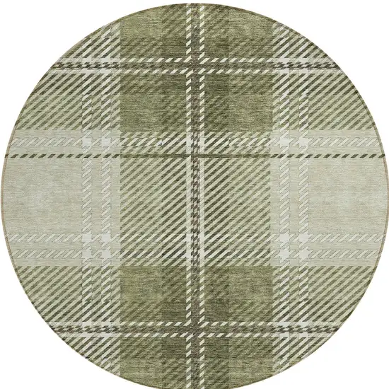 8' Artichoke Green Brown And Ivory Round Plaid Washable Indoor Outdoor Area Rug Photo 6