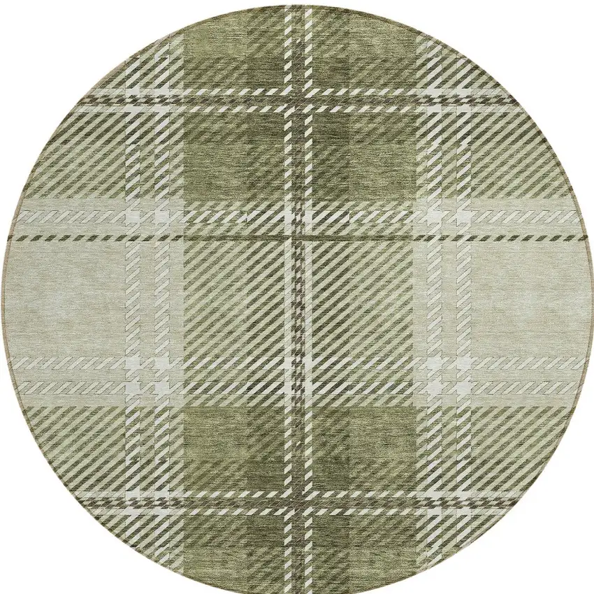 8' Artichoke Green Brown And Ivory Round Plaid Washable Indoor Outdoor Area Rug Photo 6