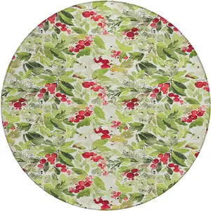Photo of 8' Artichoke Green Burgundy And Ivory Round Botanical Leaves Washable Indoor Outdoor Area Rug
