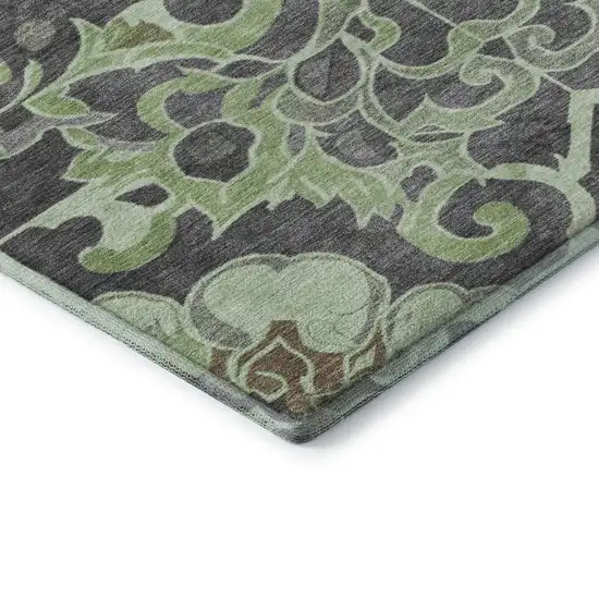 8' Artichoke Green Charcoal And Gray Floral Medallion Washable Round Rug With UV Protection Photo 7