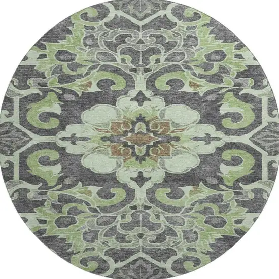 8' Artichoke Green Charcoal And Gray Floral Medallion Washable Round Rug With UV Protection Photo 4