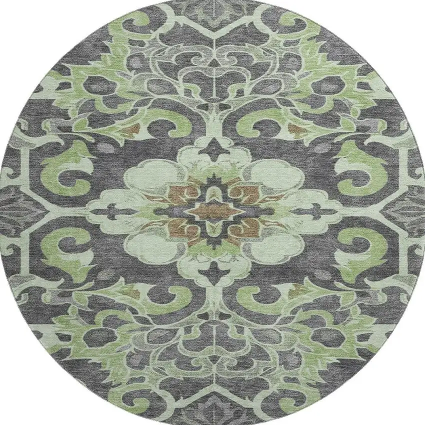8' Artichoke Green Charcoal And Gray Floral Medallion Washable Round Rug With UV Protection Photo 4