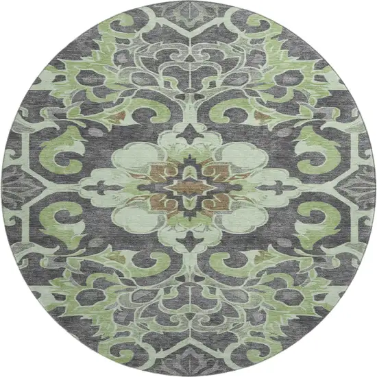 8' Artichoke Green Charcoal And Gray Floral Medallion Washable Round Rug With UV Protection Photo 1
