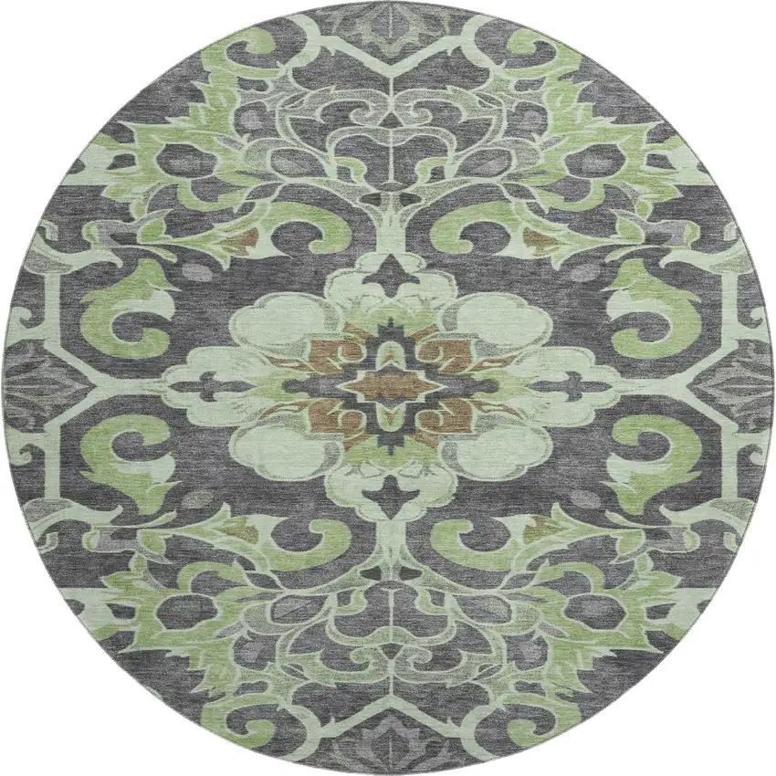 8' Artichoke Green Charcoal And Gray Floral Medallion Washable Round Rug With UV Protection Photo 1