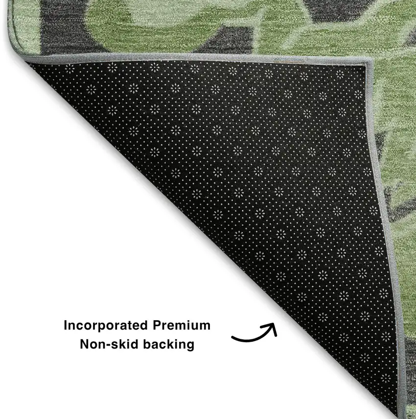 8' Artichoke Green Charcoal And Gray Floral Medallion Washable Round Rug With UV Protection Photo 6