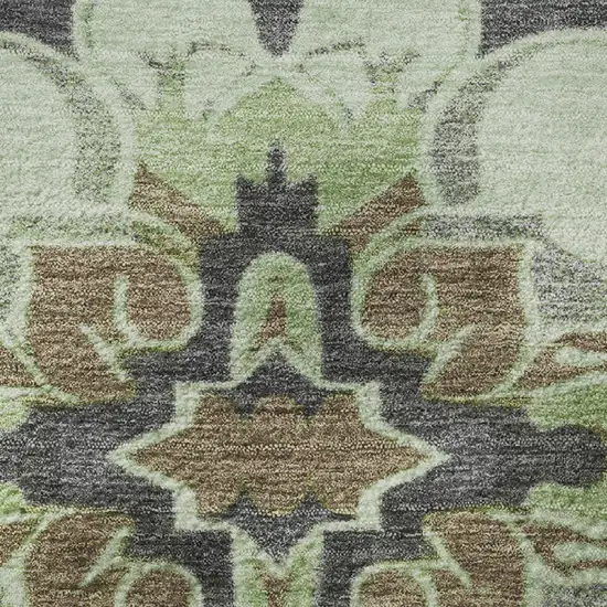 8' Artichoke Green Charcoal And Gray Floral Medallion Washable Round Rug With UV Protection Photo 9