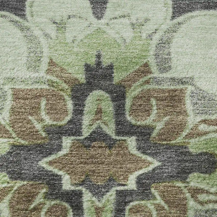 8' Artichoke Green Charcoal And Gray Floral Medallion Washable Round Rug With UV Protection Photo 9