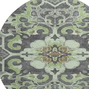 Photo of 8' Artichoke Green Charcoal And Gray Floral Medallion Washable Round Rug With UV Protection