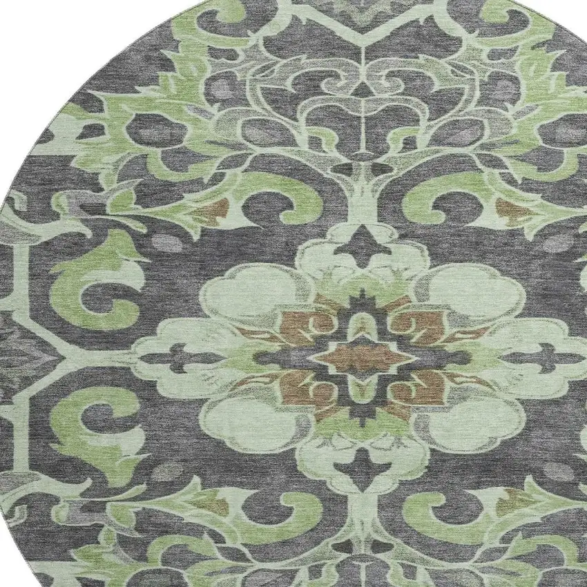 8' Artichoke Green Charcoal And Gray Floral Medallion Washable Round Rug With UV Protection Photo 3