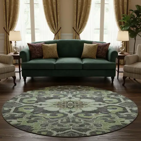 8' Artichoke Green Charcoal And Gray Floral Medallion Washable Round Rug With UV Protection Photo 2