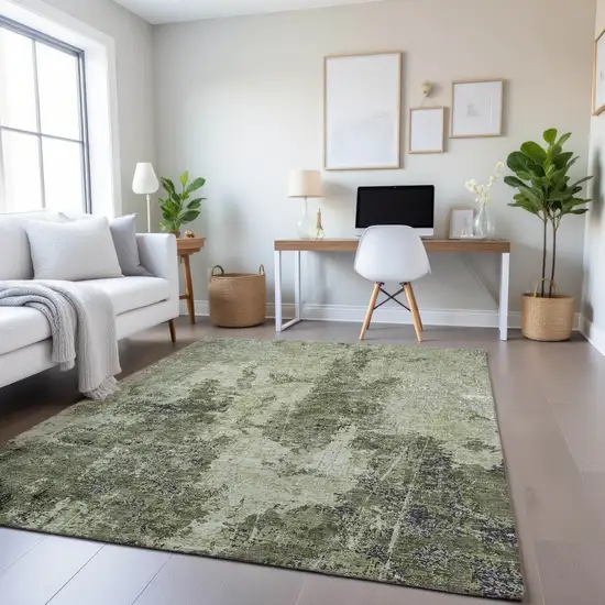 8' Artichoke Green Charcoal And Ivory Abstract Washable Area Rug With UV Protection Photo 4