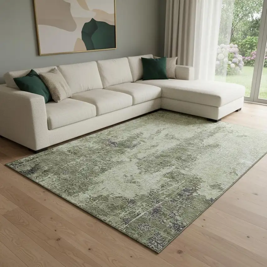 8' Artichoke Green Charcoal And Ivory Abstract Washable Area Rug With UV Protection Photo 2