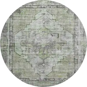 Photo of 8' Artichoke Green Charcoal And Ivory Oriental Washable Round Rug With UV Protection