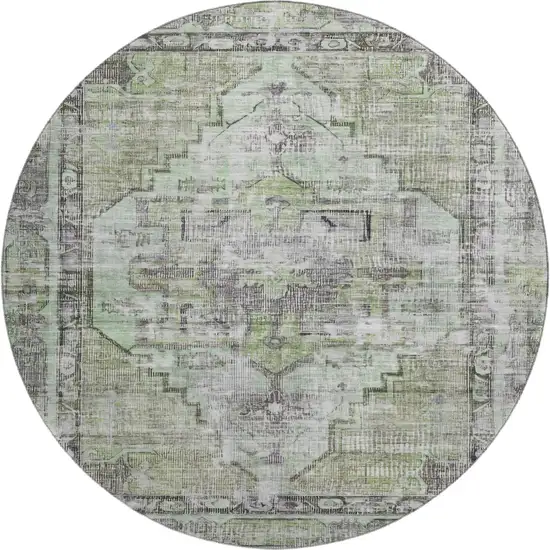 8' Artichoke Green Charcoal And Ivory Oriental Washable Round Rug With UV Protection Photo 1